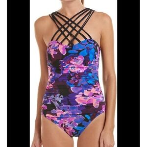 Magicsuit One Piece Size 8 Purple Floral High Neck Strappy Padded
